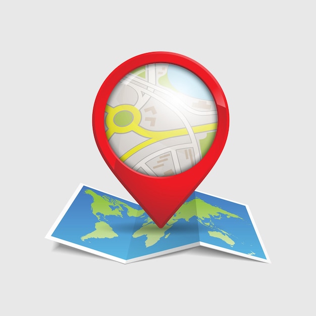 ピン付きの地図 折りたたまれた都市地図の赤い方向指標