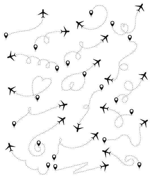 A map with a plane and a line with the word travel on it plane dashed tracing line from point