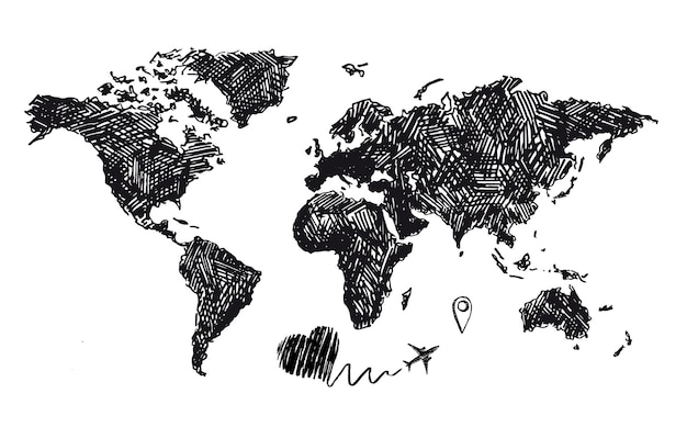 Mappa del mondo l'aereo ha disegnato un cuore illustrazioni in stile grunge