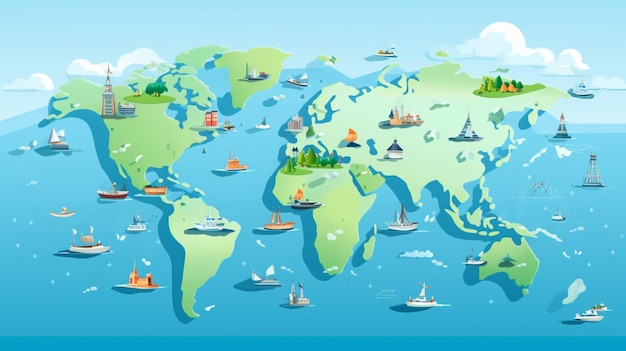 Vector a map of the world with boats and boats in the water