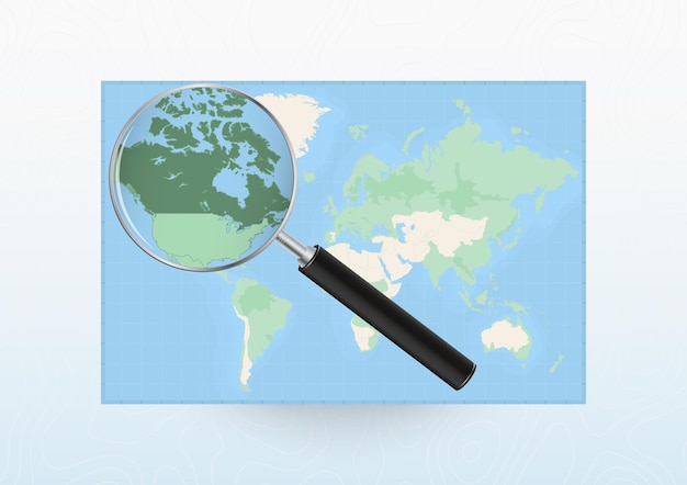 map of the world with a magnifying glass aimed at canada searching canada with loupe