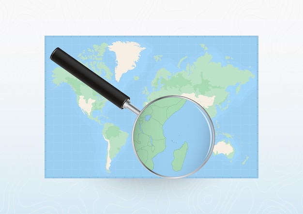 map of the world with a magnifying glass aimed at comoros searching comoros with loupe