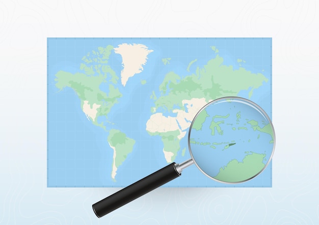Map of the World with a magnifying glass aimed at East Timor searching East Timor with loupe