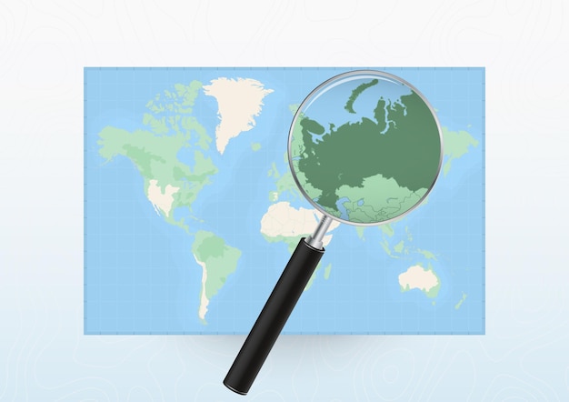 map of the world with a magnifying glass aimed at russia searching russia with loupe