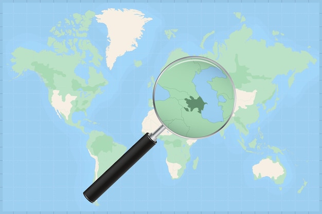 Map of the world with a magnifying glass on a map of azerbaijan.