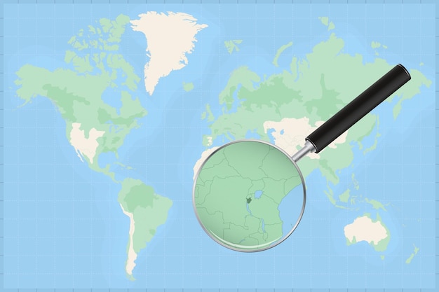 Map of the world with a magnifying glass on a map of Burundi.