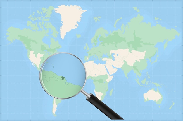 Mappa del mondo con una lente di ingrandimento su una mappa della guyana francese.