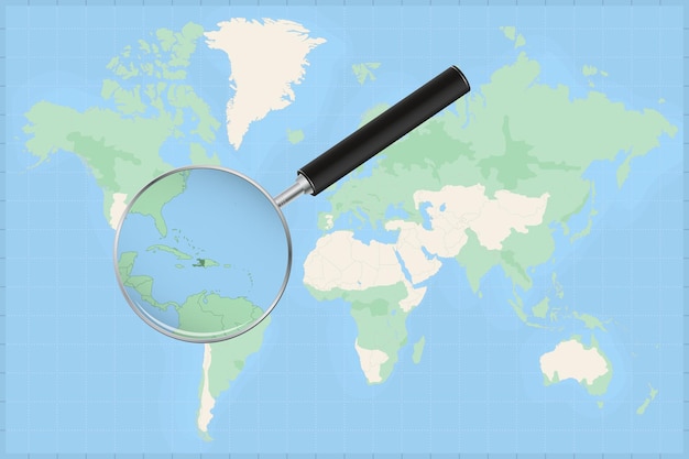 Mappa del mondo con una lente di ingrandimento su una mappa di haiti.