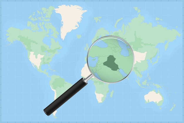 Mappa del mondo con una lente di ingrandimento su una mappa dell'iraq.