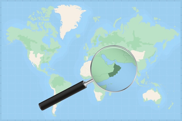 Mappa del mondo con una lente di ingrandimento su una mappa dell'oman.