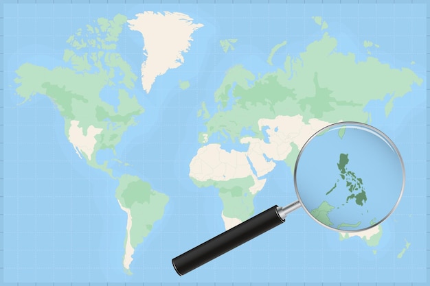 フィリピンの地図上の虫眼鏡で世界地図。