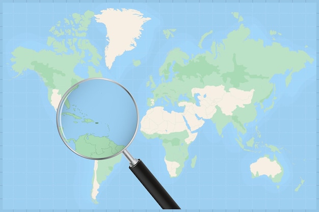 Map of the world with a magnifying glass on a map of Puerto Rico.