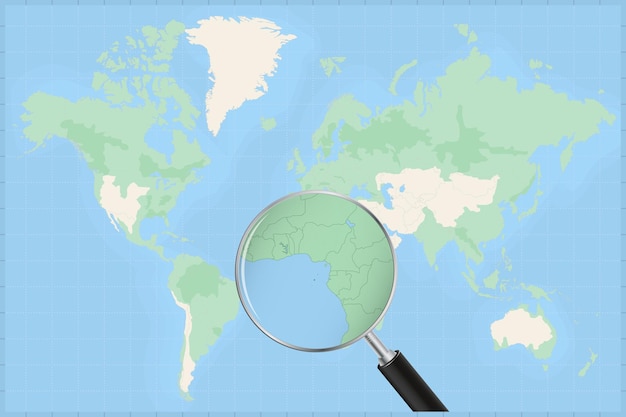 Map of the world with a magnifying glass on a map of sao tome and principe.