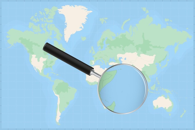 Mappa del mondo con una lente di ingrandimento su una mappa delle seychelles.