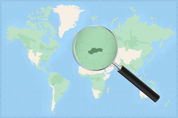 Map of the world with a magnifying glass on a map of slovakia.