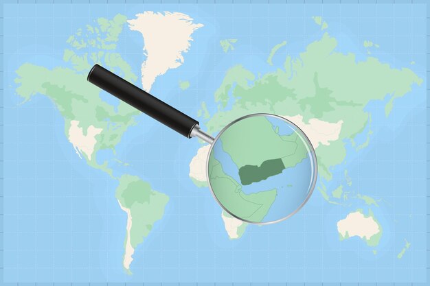 Mappa del mondo con una lente di ingrandimento su una mappa dello yemen.