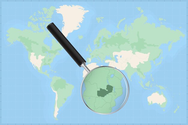 map of the world with a magnifying glass on a map of zambia.