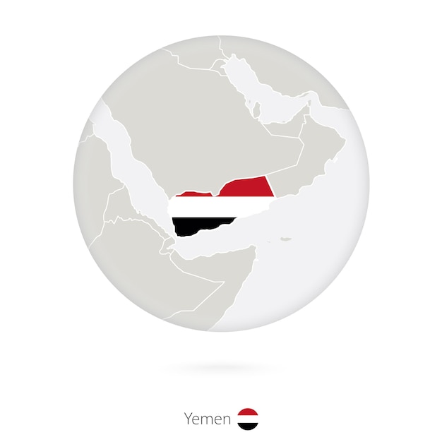 Map of Yemen and national flag in a circle Yemen map contour with flag Vector Illustration