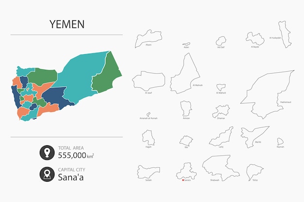 Map of Yemen with detailed country map Map elements of cities total areas and capital