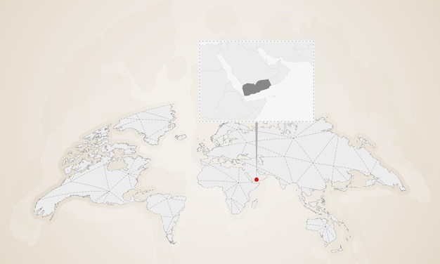 Map of Yemen with neighbor countries pinned on world map