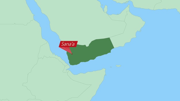 Map of Yemen with pin of country capital