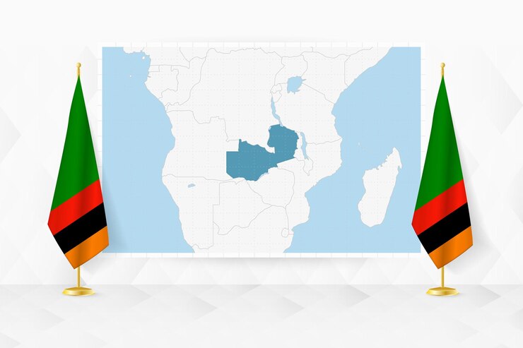 Vector map of zambia and flags of zambia on flag stand