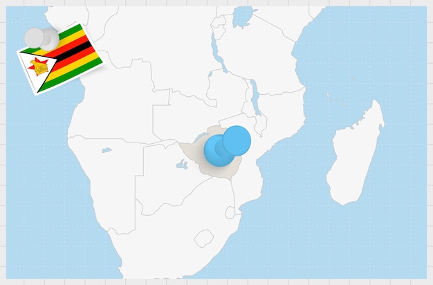 Vector map of zimbabwe with a pinned blue pin pinned flag of zimbabwe