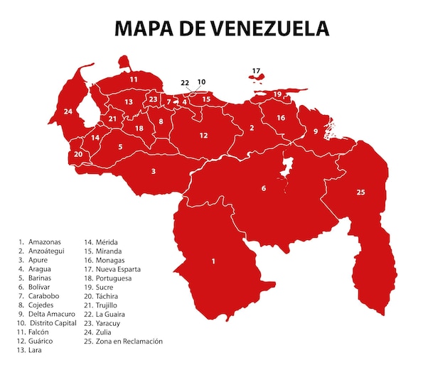 Vector mapa completo de venezuela por estados con su nombre vector rojo