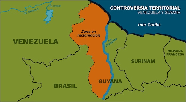 Mapa de la controversia y reclamacion de territorio entre Venezuela y Guyana