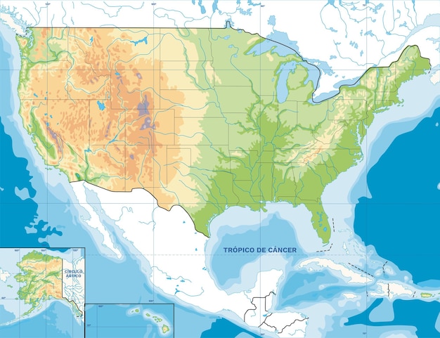 Mapa de verlicht fisicos de estados unidos