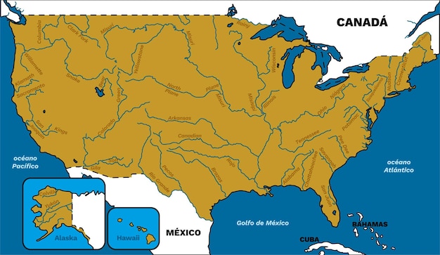 Mapa fisico de todos los rios existentes en Estados Unidos