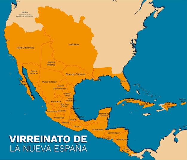 벡터 mapa fisico del virreinato de la nueva espana con sus limites fronterizos