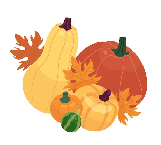 Maple bladeren pompoenen 2D cartoon object Thanksgiving decoratie Herfst kalebassen geïsoleerde vector item witte achtergrond november loof groenten oogst herfst seizoen kleur platte plek illustratie