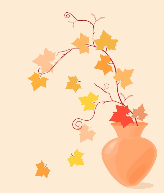 Vector maple branch with autumn leaves in glay vase