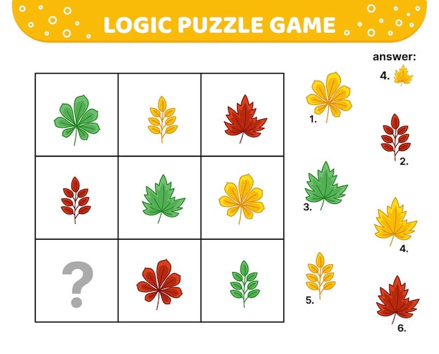 Maple chestnut and rowan leaves Logic puzzle game For kids Cartoon vector