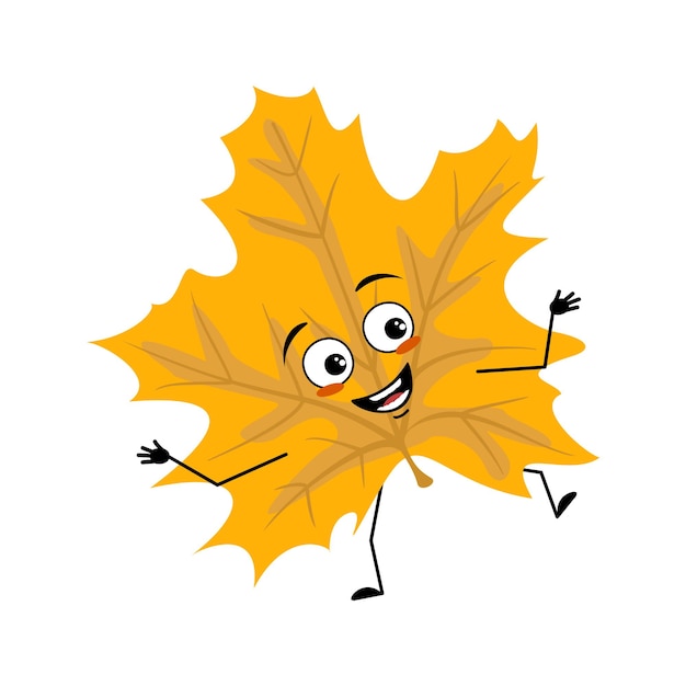 Maple leaf character with happy emotions dancing joyful face smile eyes arms and legs cheerful fores...