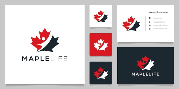 Maple leaf negative space human logo design with business card