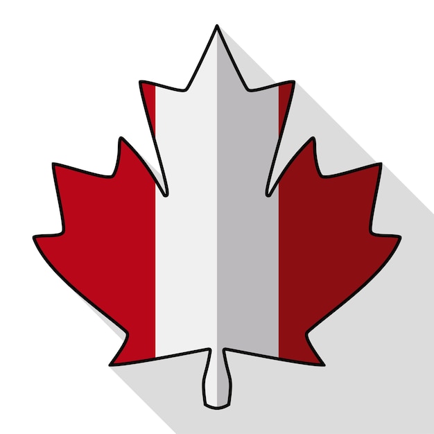 Vector maple leaf silhouette with canadian flag inside in flat style and long shadow