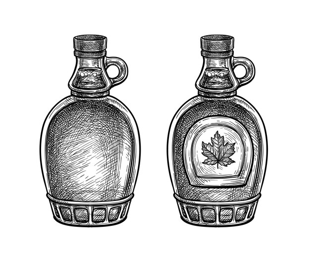 Vector maple syrup bottles. hand drawn ink sketch.