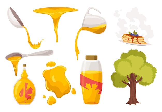 Vector maple syrup icon set product in bottle droplet and flowing nectar tree syrup in a glass jar