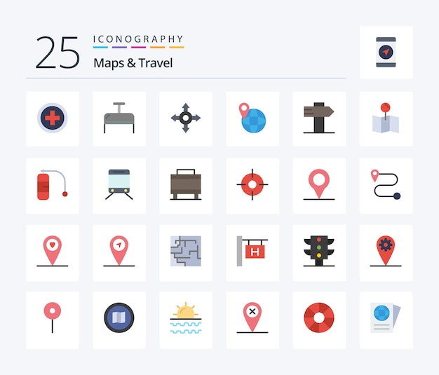 Maps Travel 25 Flat Color icon pack including vacation diving travel pin travel