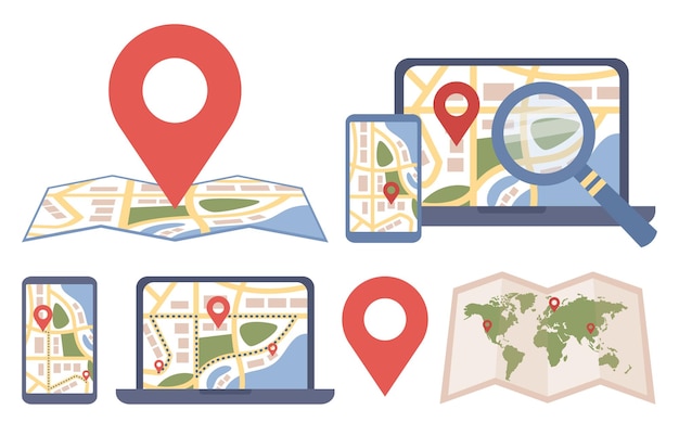 Maps with pin pointer icon set. GPS navigation online, location symbol. Vector flat illustration