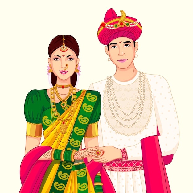 Marathi couple standing with peshwa look for indian wedding