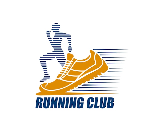 Marathon lopen sport icoon fitness club symbool Running sport kampioenschap fitness wedstrijd of sprint vector embleem Athletic club of gym symbool of teken met sneakers man atleet silhouet