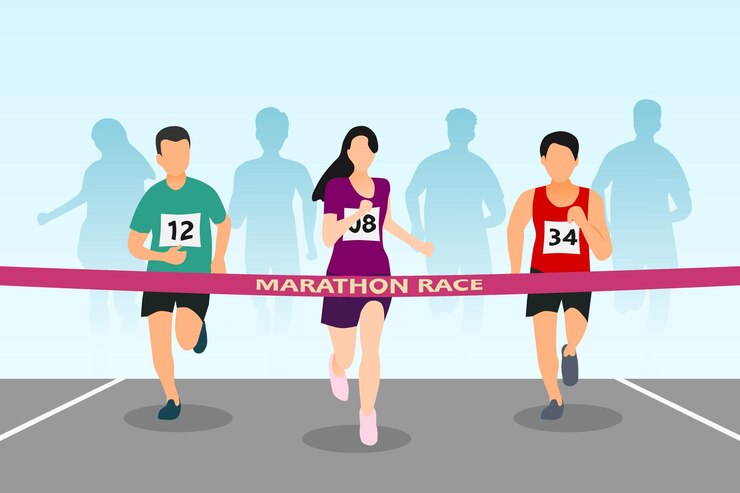 Vector marathon race illustration with people running and finish line front view vector illustration