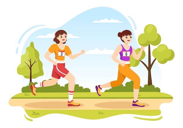 Vector marathon race illustration with people running sport tournament and run to reach the finish line