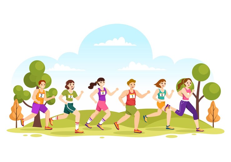 Vector marathon race illustration with people running sport tournament and run to reach the finish line