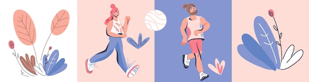 Marathon race lopers karakters van rennende mannen en vrouwen die sportkleding dragen. Run competitie en sportactiviteit banner. Cartoon vectorillustratie in trendy stijl.