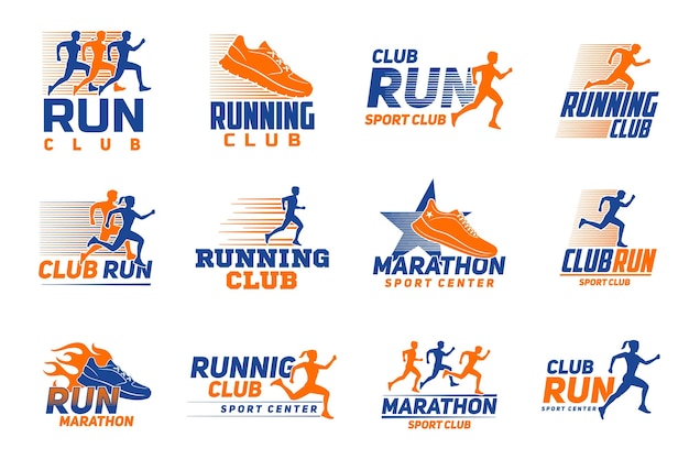 마라톤은 벡터 선수 주자와 함께 스포츠 아이콘을 실행합니다. 남자와 여자 운동화를 달리는 컬러 실루엣과 별은 조깅 달리기 마라톤 또는 스프린트 달리기 경쟁 기호의 고립된 상징을 나타냅니다.