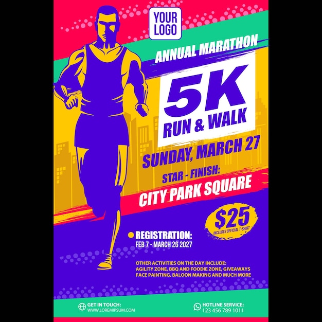 Marathon running flyer a3 paper design full colors with people running silhouettes